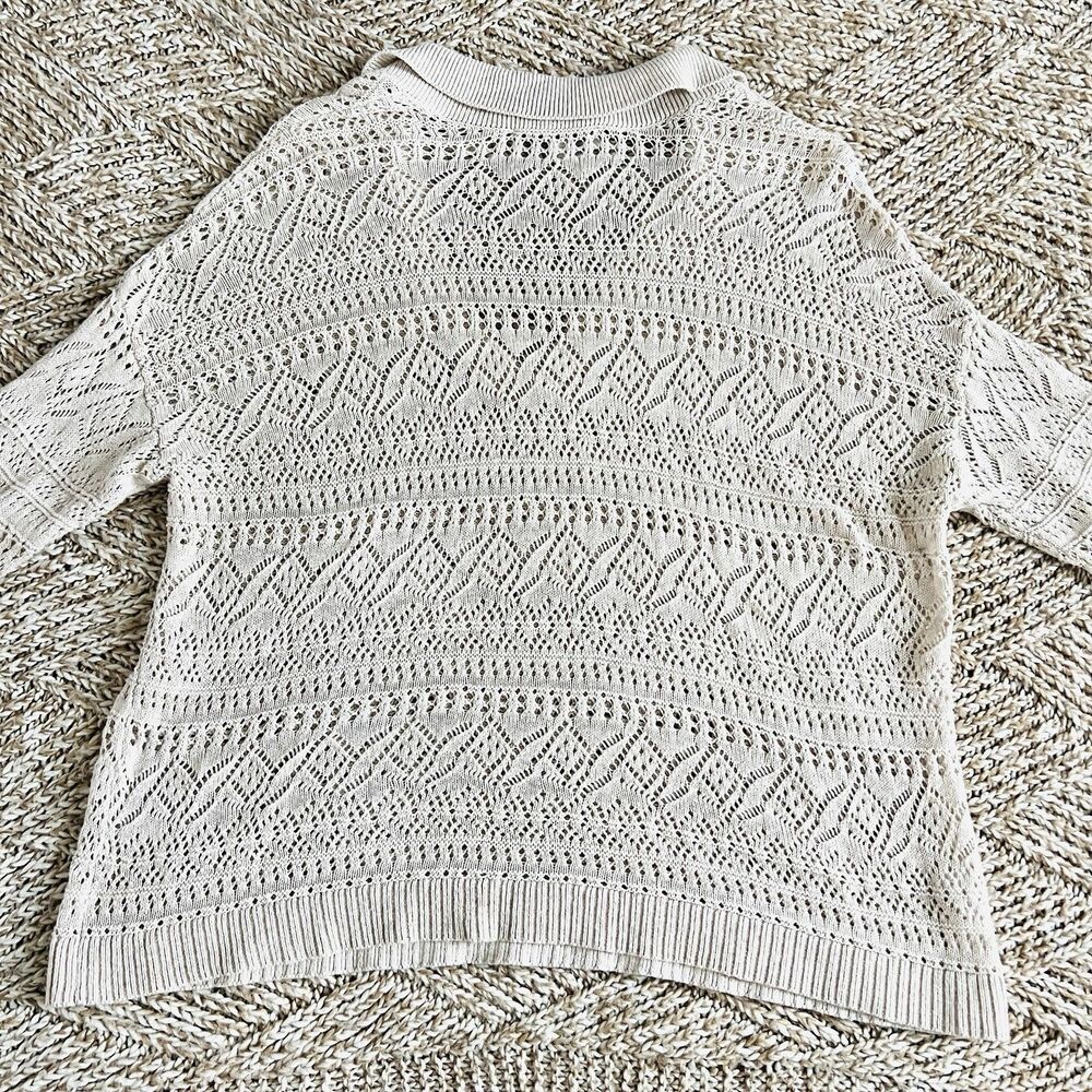 Loft Oatmeal Pointelle Polo Style V Neck Spread Collar Lightweight Blouse Sz Med - Picture 6 of 8